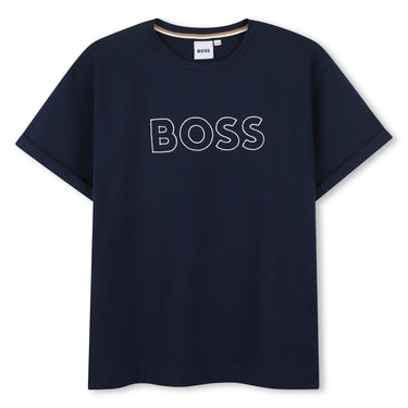 BOSS Playera para niña y adolescente, azul marino logo plata